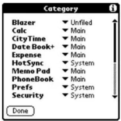 Category Blazer Calc CityTime Date Book+ Expense HotSync Memo Pad PhoneBook Prefs Security Done Unfiled Main Main Main Main System Main Main System System