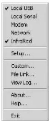 ✓ Local USB Local Serial Modem Networks ✓ InfraRed Setup... Custom... File Link... View Log... About... Help... Exit
