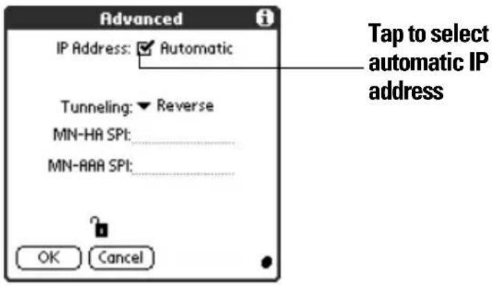 Advanced IP Address: ✓ Automatic Tunneling: ▼ Reverse MN-HA SPI: ________ MN-AAA SPI: ________ OK Cancel Tap to select automatic IP address
