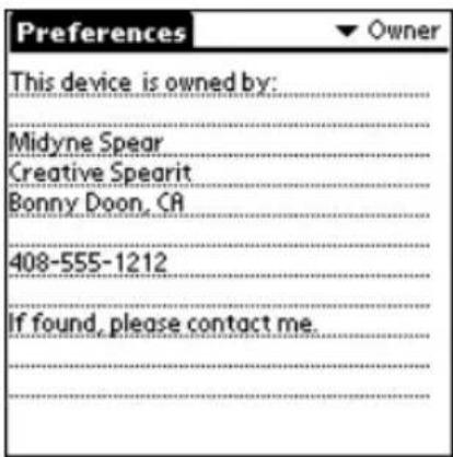 Preferences This device is owned by: Midyne Spear Creative Spearit Bonny Doon, CA 408-555-1212 If found, please contact me.