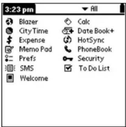 3:23 pm Blazer CityTime Expense Memo Pad Prefs SMS Welcome Calc Date Book+ HotSync PhoneBook Security To Do List