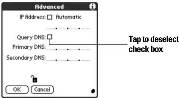 Advanced IP Address: □ Automatic Query DNS: Primary DNS: Secondary DNS: OK Cancel Tap to deselect check box