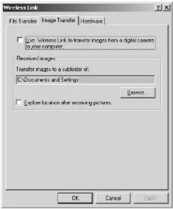 Wireless Link File Transfer Image Transfer Hardware Use Wireless Link to transfer images from a digital camera to your computer. Received images Transfer images to a subfolder of: C:\Documents and Settings Browse... Explore location after receiving pictures. OK Cancel Apply