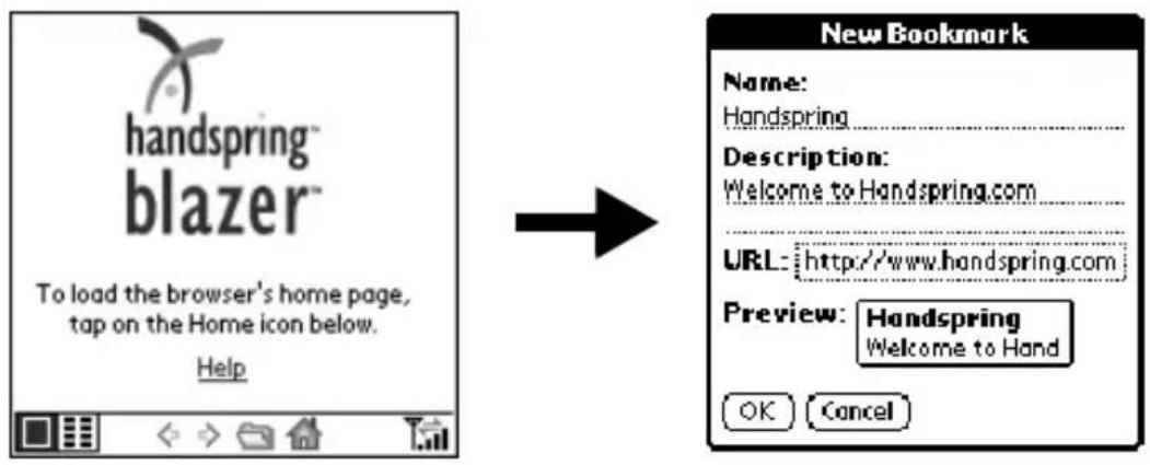 handspring™ blazer™ To load the browser's home page, tap on the Home icon below. Help New Bookmark Name: Handspring Description: Welcome to Handspring.com URL: http://www.handspring.com Preview: Handspring Welcome to Hand OK Cancel