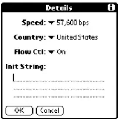 Details Speed: ▼ 57,600 bps Country: ▼ United States Flow Ctl: ▼ On Init String: OK Cancel