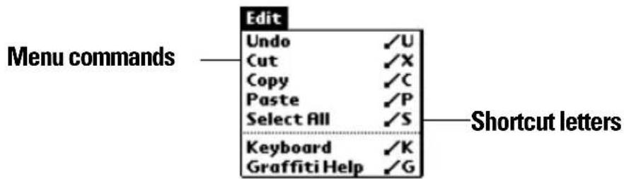 Edit Undo ✓U Cut ✓X Copy ✓C Paste ✓P Select All ✓S Keyboard ✓K Graffiti Help ✓G Menu commands —— Shortcut letters