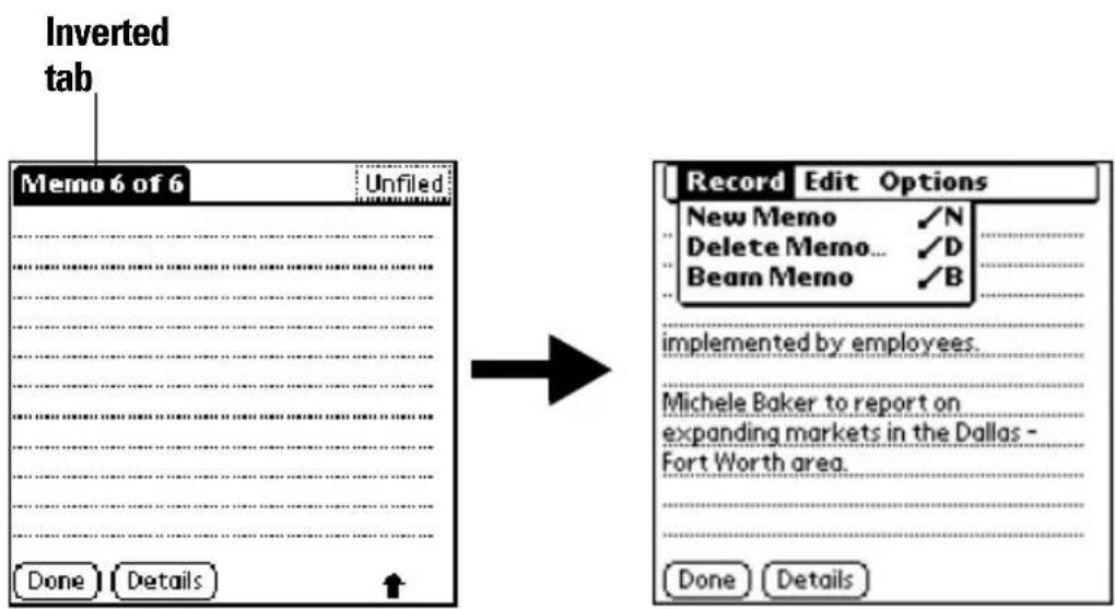 Inverted tab Memo 6 of 6 Unfiled Done Details Record Edit Options New Memo ✓N Delete Memo... ✓D Beam Memo ✓B implemented by employees. Michele Baker to report on expanding markets in the Dallas - Fort Worth area. Done Details