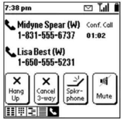 7:38 pm Midyne Spear (W) Conf. Call 1-831-555-6737 01:02 Lisa Best (W) 1-650-555-5231 Hang Up Cancel 3-way Spkr- phone Mute