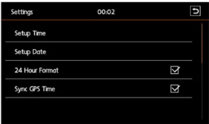 Settings 00:02 Setup Time Setup Date 24 Hour Format ✓ Sync GPS Time ✓