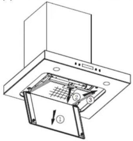 Technical diagram of a kitchen ventilation system with numbered components and directional arrows indicating airflow or movement.