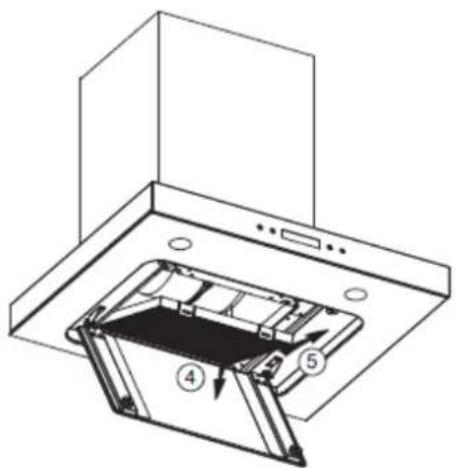 Technical diagram of a kitchen appliance with numbered components and directional arrows indicating assembly or movement.