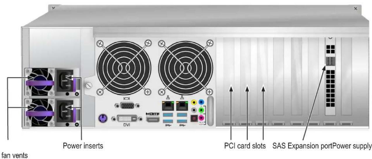 fan vents Power inserts DCI HDMI DVI PCI card slots SAS Expansion port Power supply