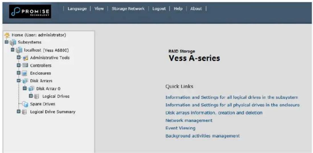 PROMISE TECHNOLOGY Language View Storage Network Logout Help About | Home (User: administrator) Subsystems localhost (Vess A5800) Administrative Tools Controllers Enclosures Disk Arrays Disk Array 0 Logical Drives Spare Drives Logical Drive Summary RAID Storage Vess A-series Quick Links Information and Settings for all logical drives in the subsystem Information and Settings for all physical drives in the enclosure Disk arrays Information, creation and deletion Network management Event Viewing Background activities management