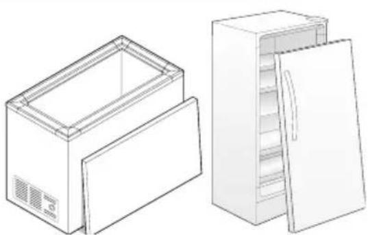 Technical line drawing of two open refrigerator units, one closed and one open, with no visible text or symbols.