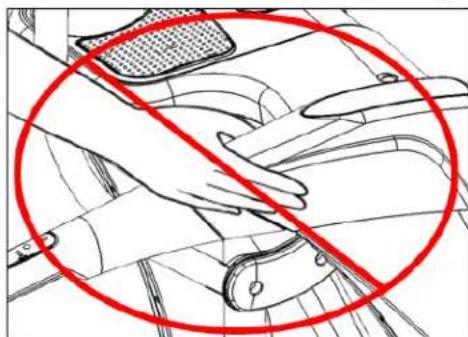 Diagram showing a hand blocking a car seatbelt, with a red prohibition circle highlighting the mechanism.