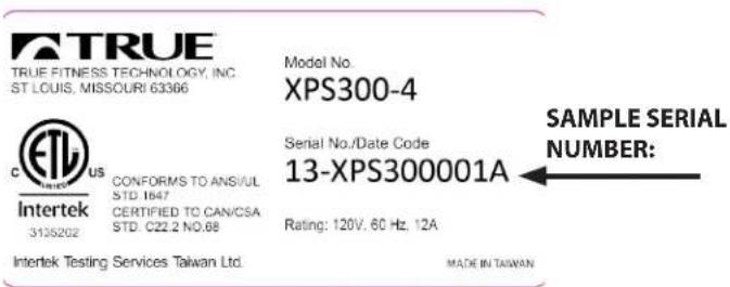 TRUE TRUE FITNESS TECHNOLOGY, INC. ST LOUIS, MISSOURI 63366 Model No. XPS300-4 Serial No./Date Code 13-XPS300001A SAMPLE SERIAL NUMBER: C ETL US CONFORMS TO ANS/UL STD 1847 CERTIFIED TO CAN/CSA STD: C22.2 NO.68 Rating: 120V, 60 Hz, 12A Intertek Testing Services Taiwan Ltd. MADE IN TAIWAN