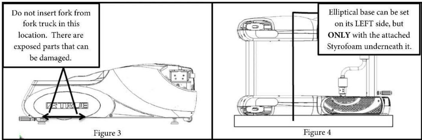 Do not insert fork from fork truck in this location. There are exposed parts that can be damaged. Figure 3 Figure 4 Elliptical base can be set on its LEFT side, but ONLY with the attached Styrofoam underneath it.