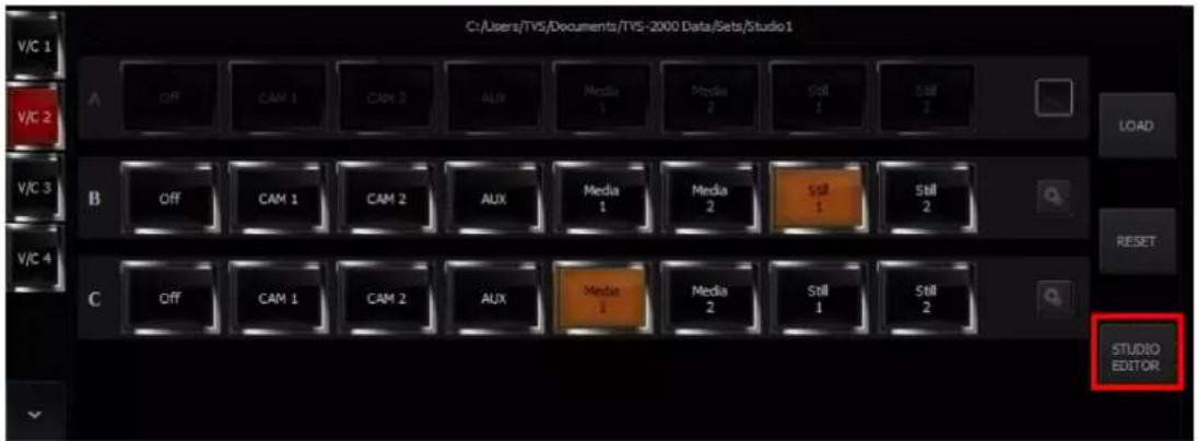 C:/Users/TVS/Documents/TVS-2000 Data/Sets/Studio1 V/C 1 V/C 2 A OFF CAM 1 CAM 2 AUX Media 1 Media 2 Still 1 Still 2 LOAD V/C 3 B Off CAM 1 CAM 2 AUX Media 1 Media 2 Still 1 Still 2 V/C 4 C Off CAM 1 CAM 2 AUX Media 1 Media 2 Still 1 Still 2 RESET STUDIO EDITOR