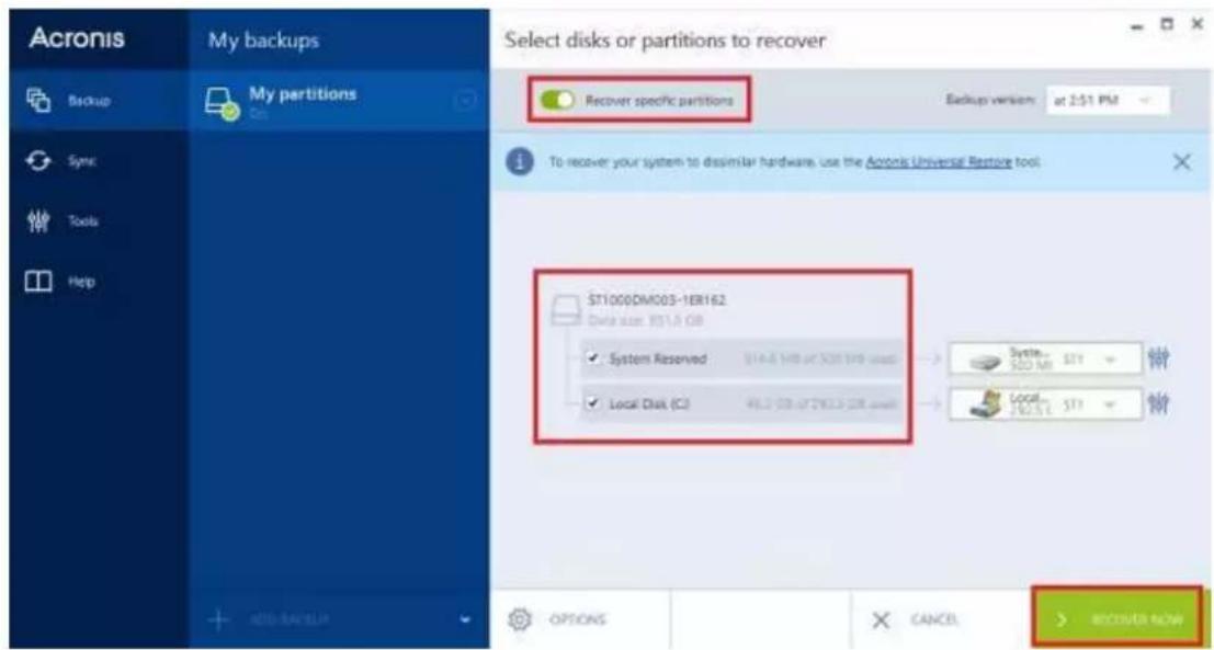 Acronis My backups Backup My partitions Sync Tools Help Select disks or partitions to recover Recover specific partitions Backup version: at 2:51 PM To recover your system to dissimilar hardware, use the Anonis Universal Remove tool. ST1000DM003-1ER162 Data size: ST1.0 GB System Reserved ST1.0 GB of ST20.198 mm Local Disk (CJ) PLD: 20.472013.28 mm System... $20 MM ST1 Local... $20.5 € ST1 取消 now OPTIONS CANCEL RECOVER NOW