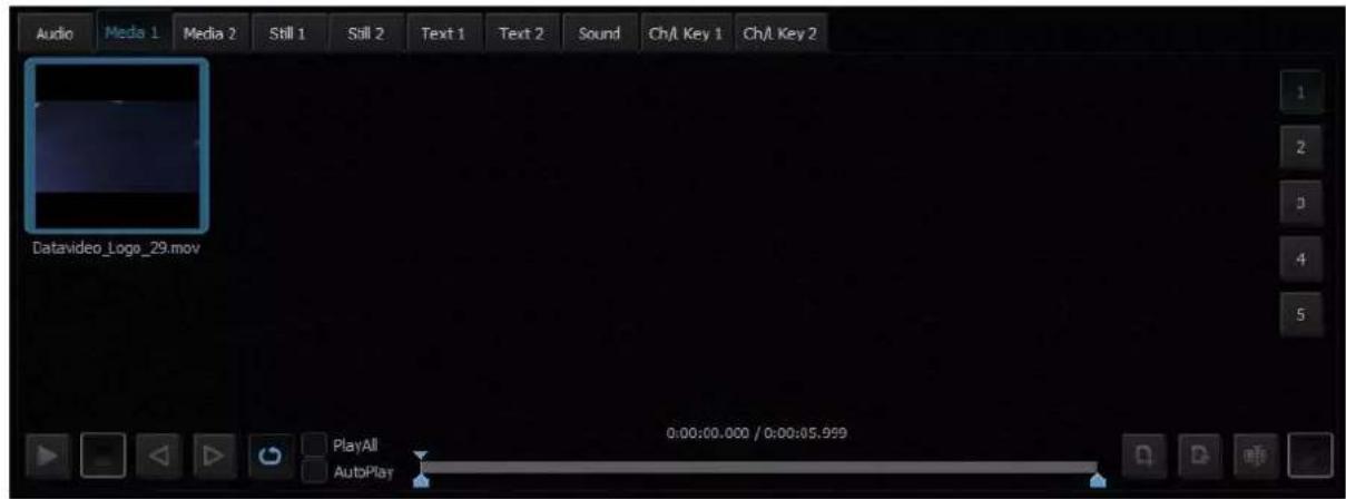 Audio Media 1 Media 2 Still 1 Still 2 Text 1 Text 2 Sound Ch/ Key 1 Ch/ Key 2 Datavideo_Logo_29.mov PlayAll 0:00:00.000 / 0:00:05.999 AutoPlay