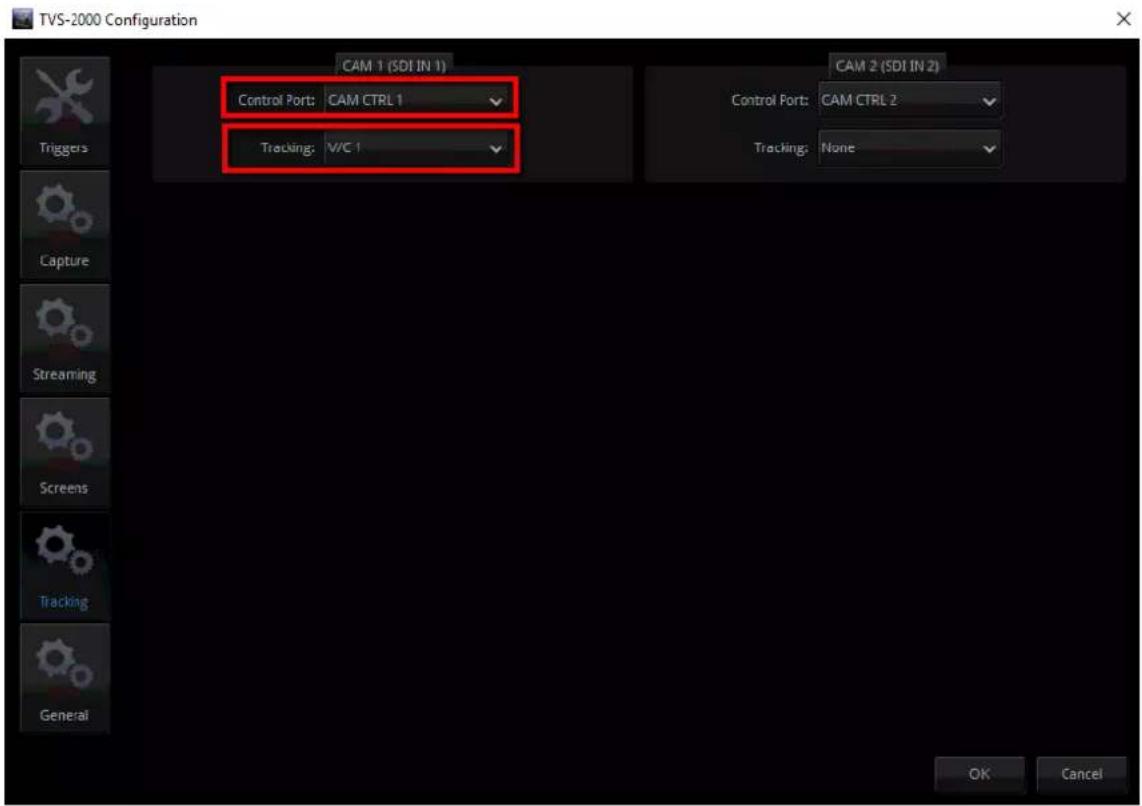 TVS-2000 Configuration CAM 1 (SDI IN 1) Control Port: CAM CTRL 1 Tracking: V/C 1 CAM 2 (SDI IN 2) Control Port: CAM CTRL 2 Tracking: None OK Cancel