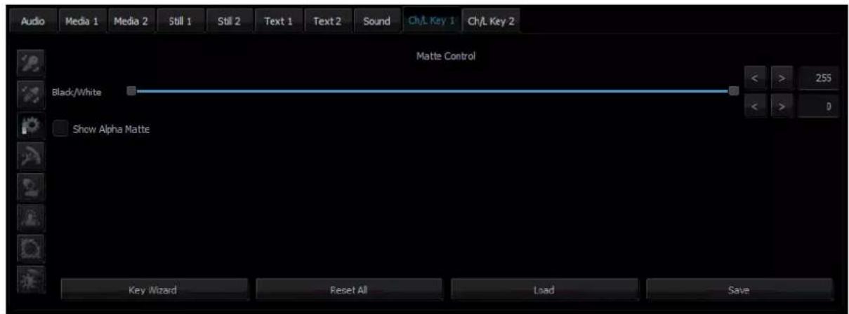 Audio Media 1 Media 2 Still 1 Still 2 Text 1 Text 2 Sound Ch/L Key 1 Ch/L Key 2 Matte Control Black/White Show Alpha Matte < > 255 < > 0 Key Wizard Reset All Load Save