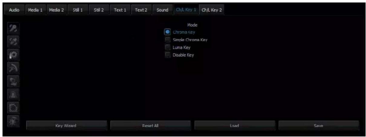 Audio Media 1 Media 2 Still 1 Still 2 Text 1 Text 2 Sound Ch/L Key 1 Ch/L Key 2 Mode Chroma Key Simple Chroma Key Luma Key Disable Key Key Wizard Reset All Load Save