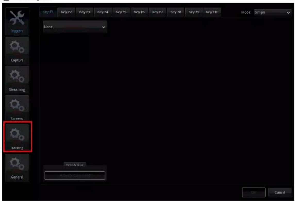 Key F1 Key F2 Key F3 Key F4 Key F5 Key F6 Key F7 Key F8 Key F9 Key F10 Mode: Simple Triggers None Capture Streaming Screens Tracking General Test & Run Activate Command OK Cancel