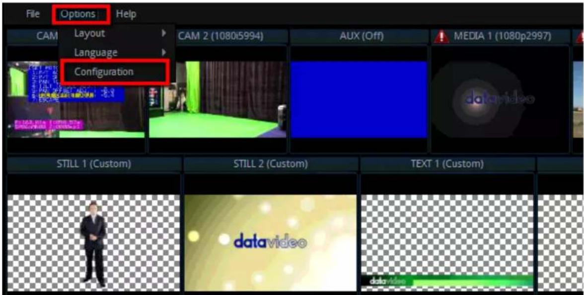File Options Help CAM Layout Language Configuration CAM 2 (1080i5994) AUX (Off) MEDIA 1 (1080p2997) STILL 1 (Custom) STILL 2 (Custom) TEXT 1 (Custom)