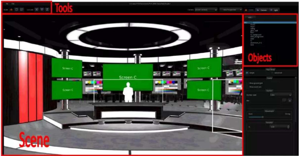 Tools Scene Screen C Screen C Screen C Screen C Objects Scene Windows Media Advanced Show ground grid Show sound pin Play file: User Ebox Preview 1 Strong OK Cancel