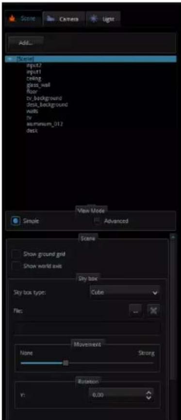 [Scene] input1 ceiling glass_wall floor tv_background desk_background walls tv aluminum_012 desk View Mode Simple Advanced Scene Show ground grid Show world axis Sky box Sky box type: Cube File: Movement None Strong Rotation Y: 0.00