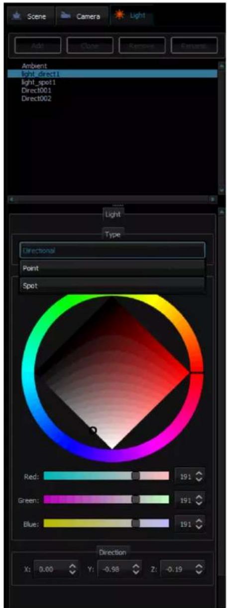 Scene Camera Light Add Close Remove Returns Ambient light_direct1 light_spot1 Direc1001 Direc1002 Light Type Directional Point Spot Red: 191 Green: 191 Blue: 191 Direction X: 0.00 Y: -0.98 Z: -0.19