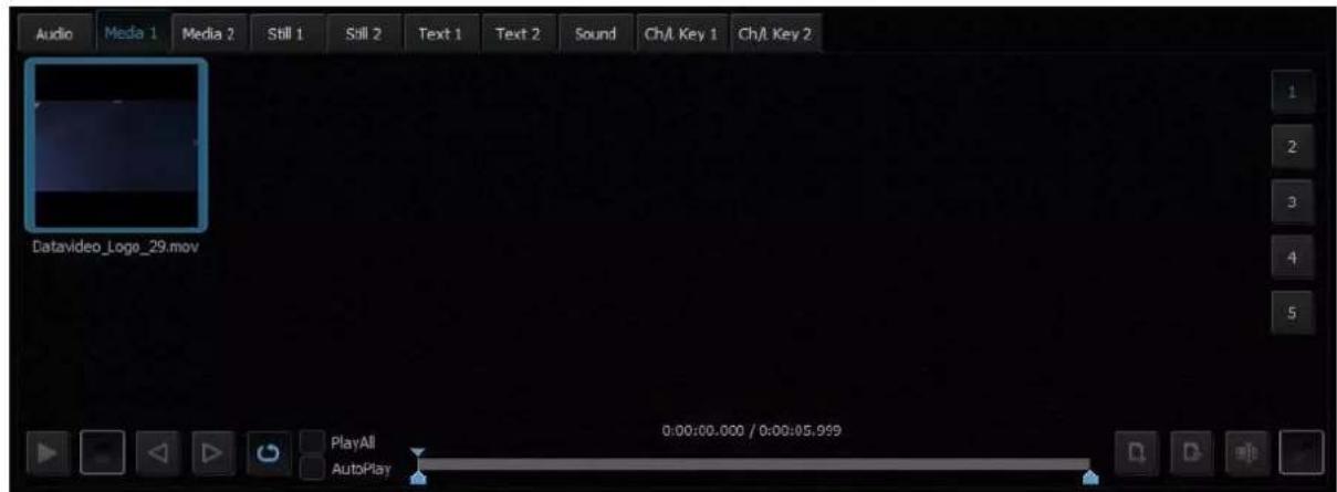 Audio Media 1 Media 2 Still 1 Still 2 Text 1 Text 2 Sound Ch/L Key 1 Ch/L Key 2 Datavideo_Logo_29.mov PlayAll 0:00:00.000 / 0:00:05.999 AutoPlay