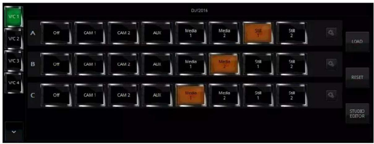 D://2016 V/C 1 A Off CAM 1 CAM 2 AUX Media 1 Media 2 Still 1 Still 2 V/C 2 LOAD V/C 3 B Off CAM 1 CAM 2 AUX Media 1 Media 2 Still 1 Still 2 V/C 4 C Off CAM 1 CAM 2 AUX Media 1 Media 2 Still 1 Still 2 RESET STUDIO EDITOR