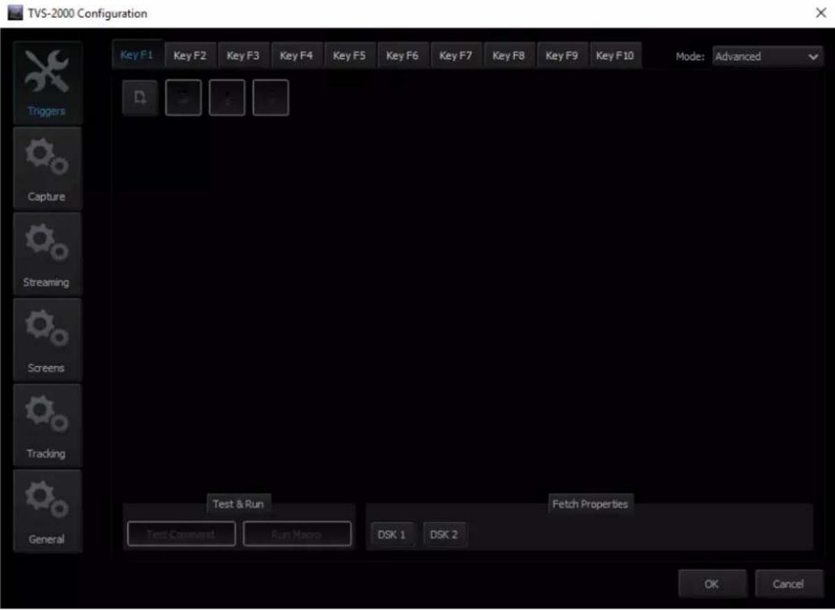 TVS-2000 Configuration Key F1 Key F2 Key F3 Key F4 Key F5 Key F6 Key F7 Key F8 Key F9 Key F10 Mode: Advanced Triggers Capture Streaming Screens Tracking General Test & Run Fetch Properties Test Command Run Macro DSK 1 DSK 2 OK Cancel