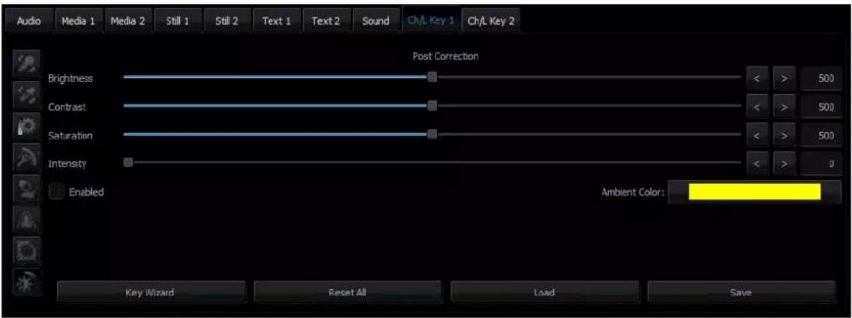 Audio Media 1 Media 2 Still 1 Still 2 Text 1 Text 2 Sound Ch/L Key 1 Ch/L Key 2 Post Correction Brightness Contrast Saturation Intensity Enabled Ambient Color: Ambient Wizard Reset All Load Save Key Wizard Reset All Load Save