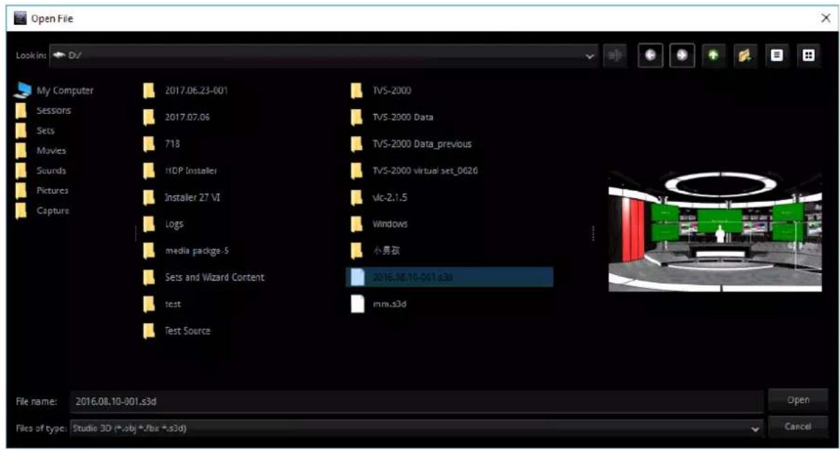 Open File Lookin: O/ My Computer Sessions Sets Movies Sounds Pictures Capture 2017.06.23-001 2017.07.06 718 HDP Installer Installer 27 VI Logs media packs-5 Sets and Wizard Content test Test Source TVS-2000 TVS-2000 Data TVS-2000 Data_previous TVS-2000 virtual set_0020 Vlc-2.1.5 Windows 小男孩 2016.08.10-001.s3d mm.s3d File name: 2016.08.10-001.s3d Files of type: Studio 3D (*.obj *.fbx *.s3d) Open Cancel