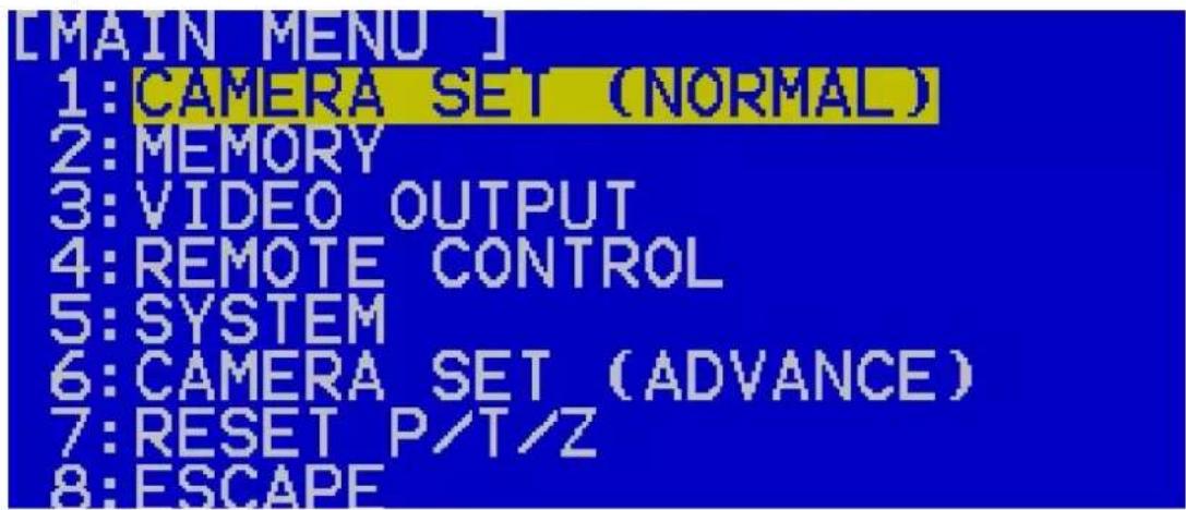 [MAIN MENU] 1: CAMERA SET (NORMAL) 2: MEMORY 3: VIDEO OUTPUT 4: REMOTE CONTROL 5: SYSTEM 6: CAMERA SET (ADVANCE) 7: RESET P/T/Z 8: ESCAPE