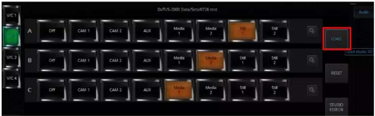 DvTVS-2000 Data/Sets/0726 test V/C 1 A Off CAM 1 CAM 2 AUX Media 1 Media 2 Still 1 Still 2 LOAD V/C 3 B Off CAM 1 CAM 2 AUX Media 1 Media 2 Still 1 Still 2 V/C 4 C Off CAM 1 CAM 2 AUX Media 1 Media 2 Still 1 Still 2 RESET STUDIO EDITOR