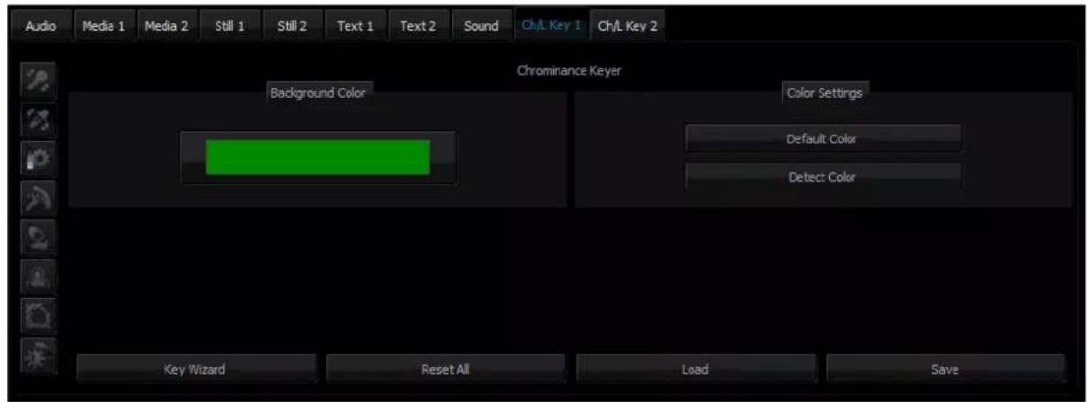 Audio Media 1 Media 2 Still 1 Still 2 Text 1 Text 2 Sound Ch/L Key 1 Ch/L Key 2 Chrominance Keyer Background Color Color Settings Default Color Detect Color Key Wizard Reset All Load Save