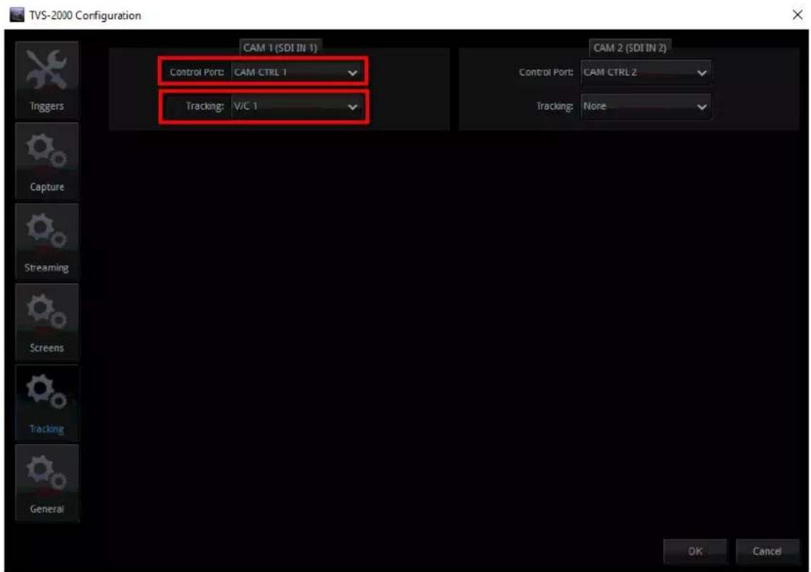 TVS-2000 Configuration CAM 1 (SDI IN 1) Control Port: CAM CTRL 1 Tracking: V/C 1 CAM 2 (SDI IN 2) Control Port: CAM CTRL 2 Tracking: None OK Cancel