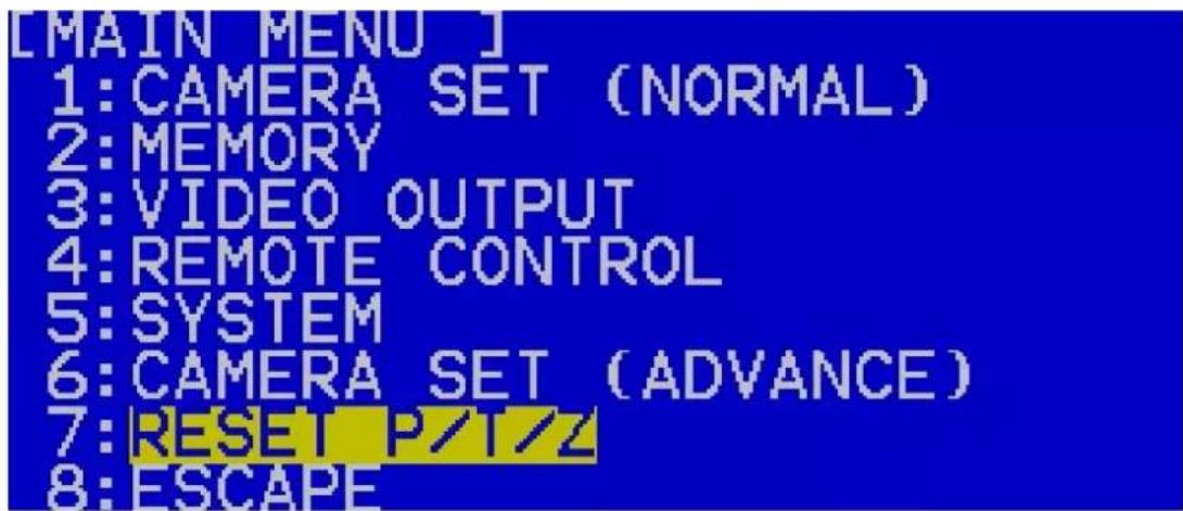 [MAIN MENU] 1: CAMERA SET (NORMAL) 2: MEMORY 3: VIDEO OUTPUT 4: REMOTE CONTROL 5: SYSTEM 6: CAMERA SET (ADVANCE) 7: RESET P/T/Z 8: ESCAPE