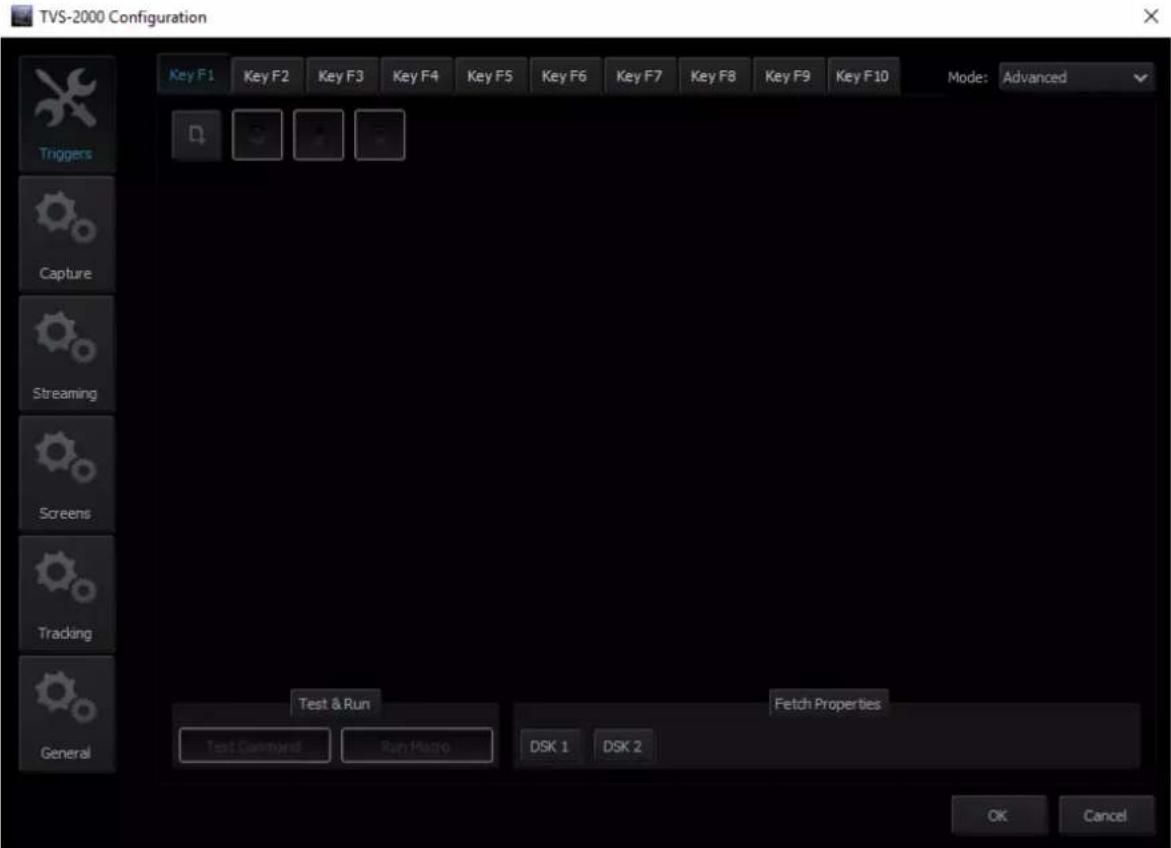 TVS-2000 Configuration Key F1 Key F2 Key F3 Key F4 Key F5 Key F6 Key F7 Key F8 Key F9 Key F10 Mode: Advanced Triggers Capture Streaming Screens Tracking General Test & Run Fetch Properties Test Command Run Macro DSK 1 DSK 2 OK Cancel