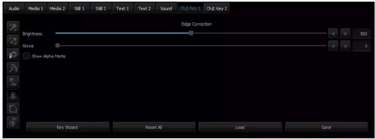 Audio Media 1 Media 2 Still 1 Still 2 Text 1 Text 2 Sound Ch/L Key 1 Ch/L Key 2 Edge Correction Brightness < > 500 Shrink < > 0 Show Alpha Matte Key Wizard Reset All Load Save