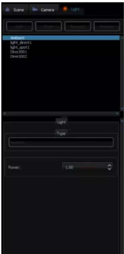 Scene Camera Light Ambient light_direct1 light_spot1 Direct001 Direct002 Light Type Power: 1.00