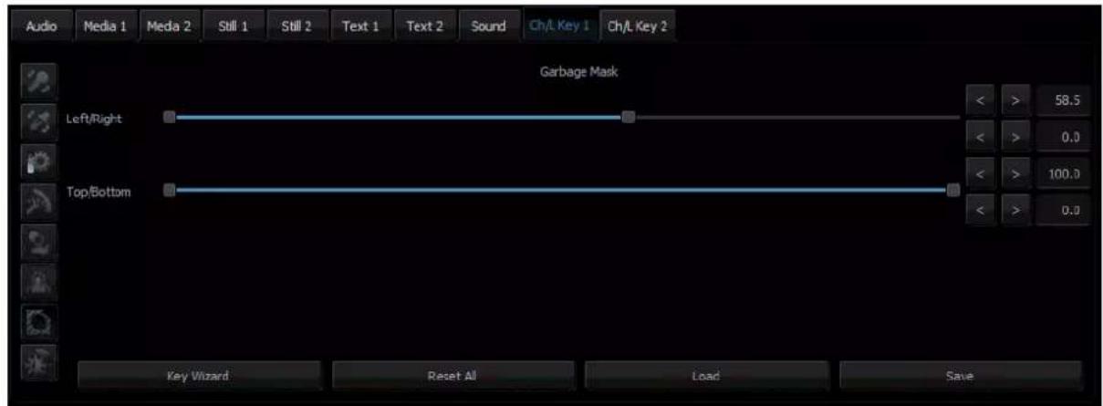 Audio Media 1 Media 2 Still 1 Still 2 Text 1 Text 2 Sound Ch/L Key 1 Ch/L Key 2 Garbage Mask Left/Right Top/Bottom < > 58.5 < > 0.0 < > 100.0 < > 0.0 Key Wizard Reset All Load Save