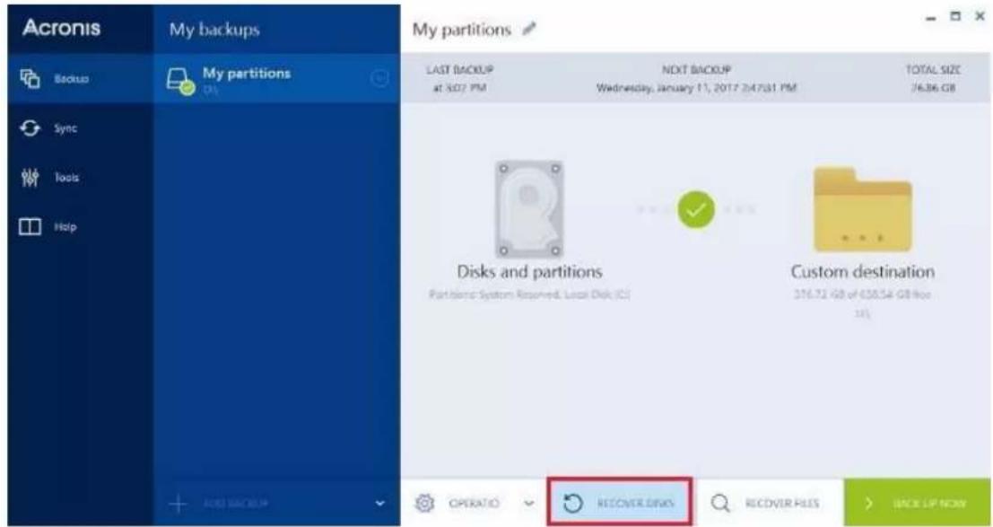 Acronis My backups Backups Sync Tools Help My partitions + ADD BACKUP My partitions LAST BACKUP at 507 PM NEXT BACKUP Wednesday, January 11, 2017 247:31 PM TOTAL SIZE 76.86 GB Disks and partitions Partners: System Reserved, Local Disk (C:) Custom destination 376.72 GB of 630.54 GB Box 33% OPERATIO RECOVER DISKS RECOVER FILES BACK UP NOW