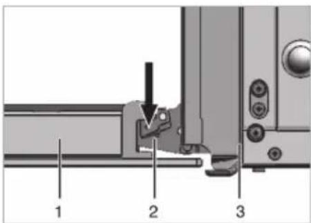 Technical diagram showing a mechanical assembly with numbered components and an arrow indicating a specific feature.