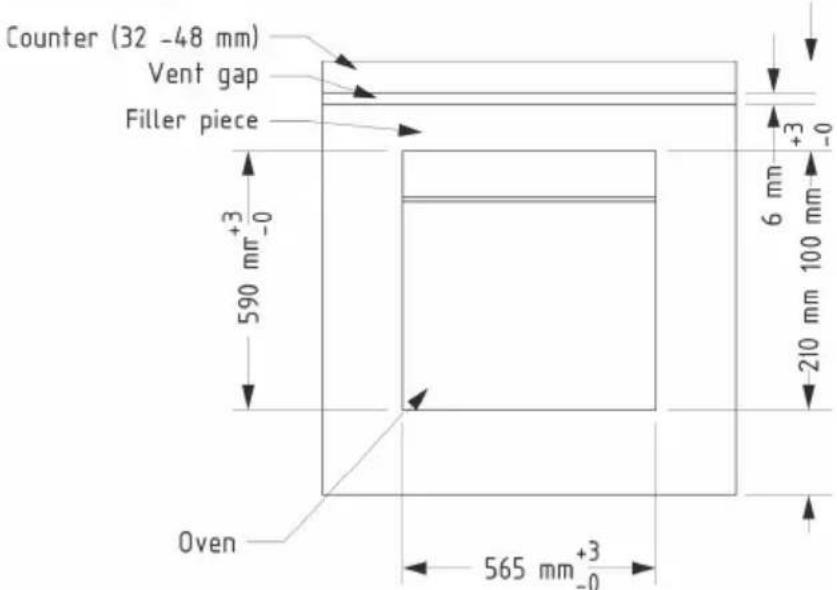 Counter (32 -48 mm) Vent gap Filler piece 590 mm+3-0 6 mm +3-0 100 mm 210 mm Oven 565 mm+3-0