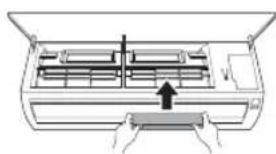 Diagram of a car air conditioner unit with internal compartments and airflow direction arrow (no text or labels)